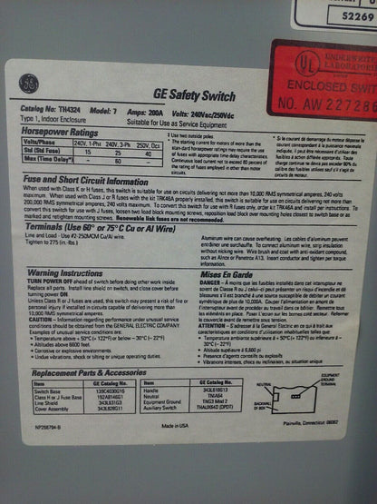 GE TH4324 MODEL 7 FUSIBLE SAFETY SWITCH 3P 200A 240V 60 TYPE 1 INDOOR ENCLOSURE