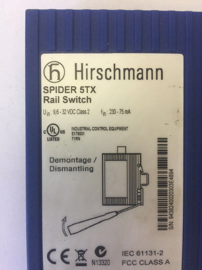 HIRSCHMANN SPIDER 5TX RAIL SWITCH 9.6-32VDC CLASS 2