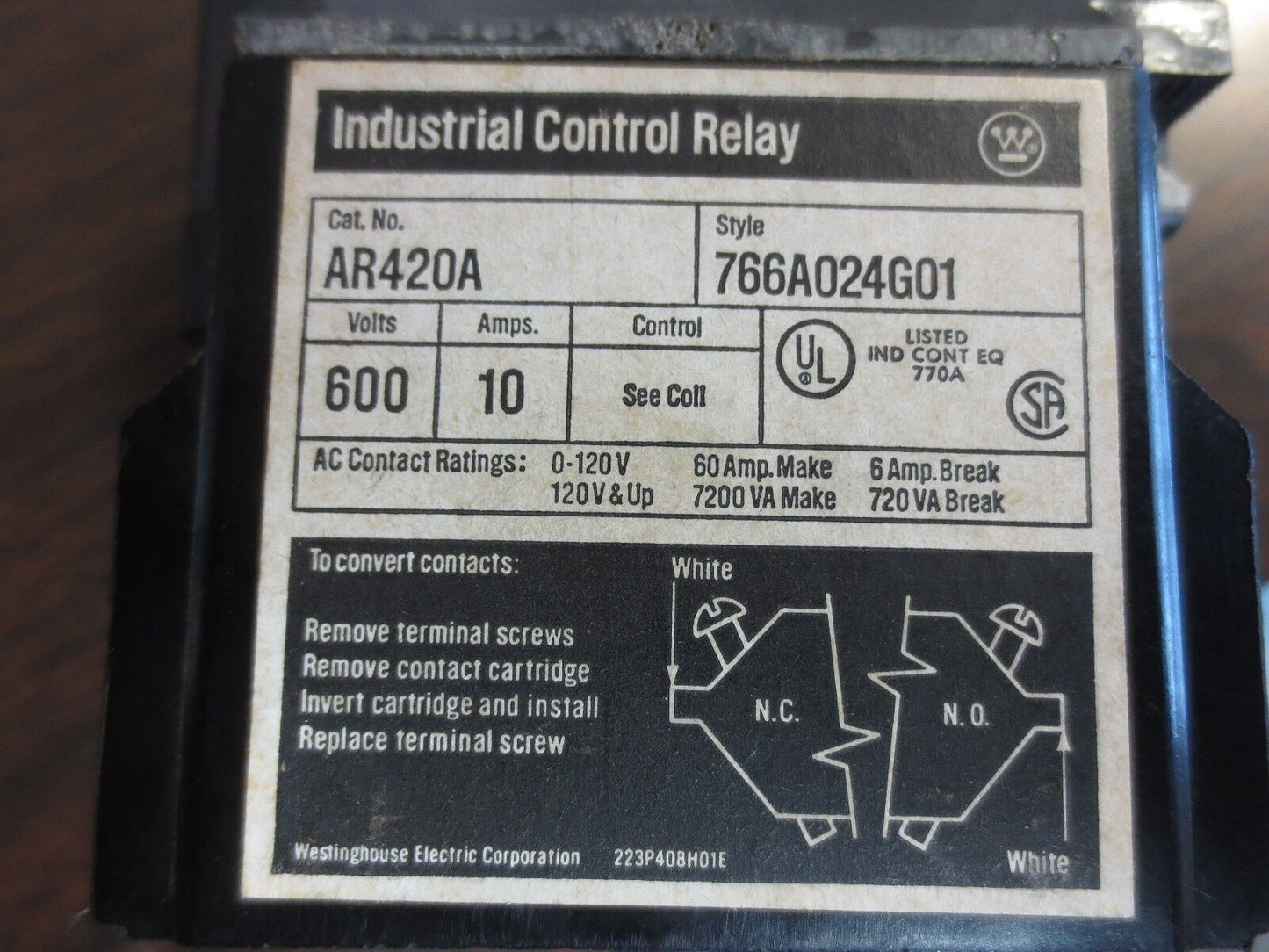 WESTINGHOUSE AR420A CONTROL RELAY 4-POLE, 600V, 10A, 110/120V 50/60Hz