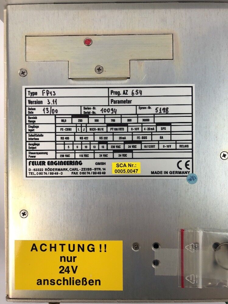 FELLER ENGINEERING TYPE FP13 VERSION 3.11 SERIAL NO. 10094 PROG AZ 654