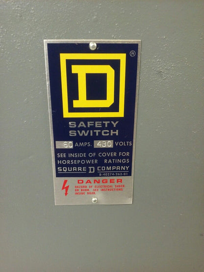 SQUARE D H362ND, H-362-ND, SER. D1,  H.D.SAFETY SWITCH, 60A, 277/480V, 3PH