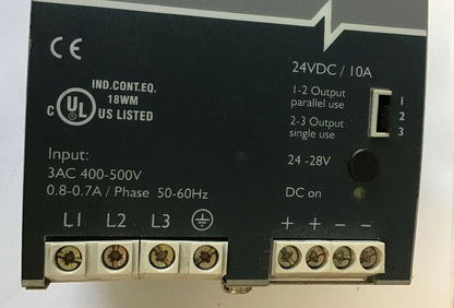 SOLA SDN 10-24-480 POWER SUPPLY 24VDC/10A 24-28V 0.8/0.7A 50-60HZ