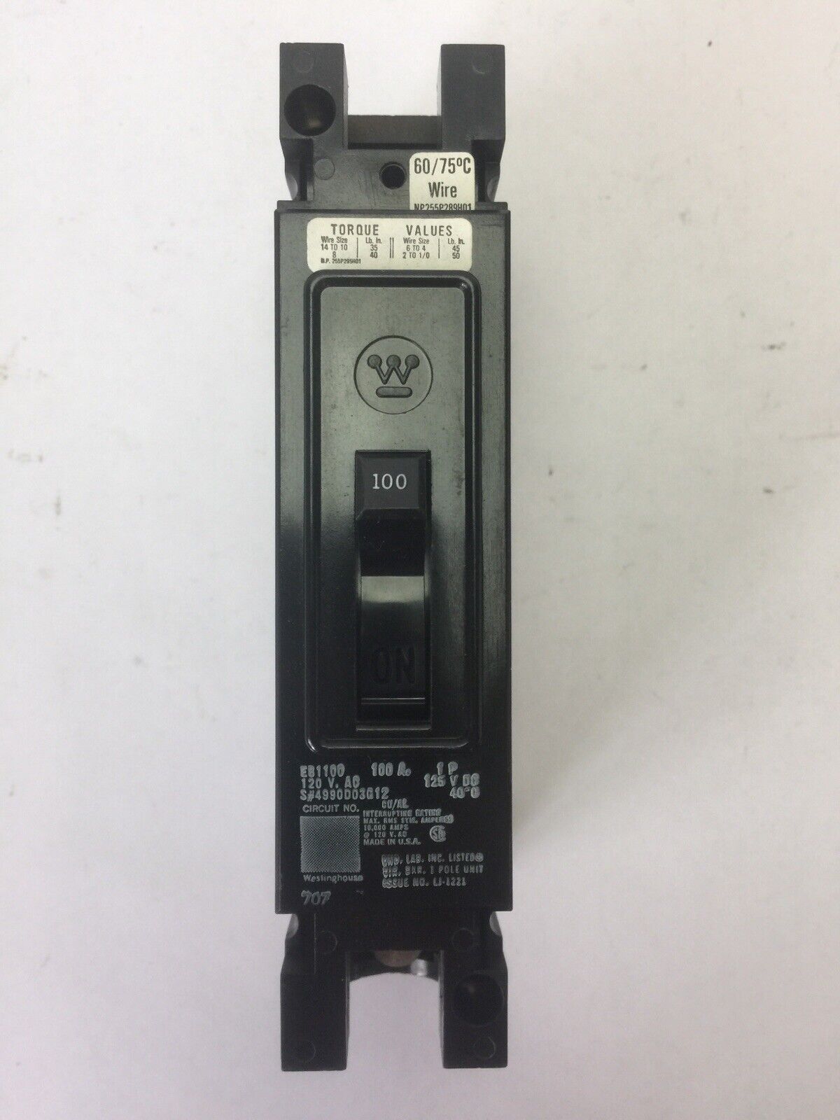 WESTINGHOUSE EB1100 CIRCUIT BREAKER 50AMP 1POLE 120/240VAC 125VDC 4990D03G12