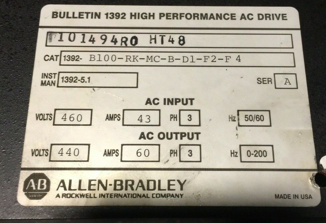 ALLEN BRADLEY 1392-B100-RK-MC-B-D1-F2-F4 AC DRIVE OUTPUT 440VAC 60A 3PH INPUT