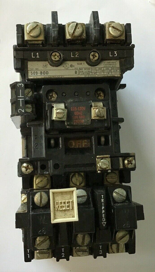 ALLEN BRADLEY 509-B0D SIZE 1 STARTER 600VAC 27AMP 10HP W26 HEATERS 120V COIL