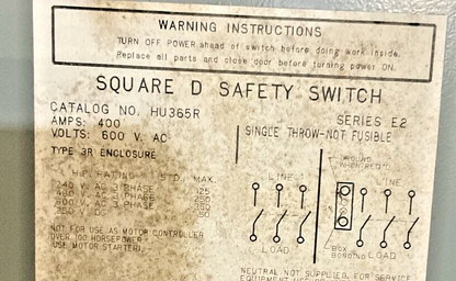 SQUARE D HU365R SAFETY SWITCH SER.E2 400A 600V TYPE 3R **PLASTIC HANDLE BROKEN**