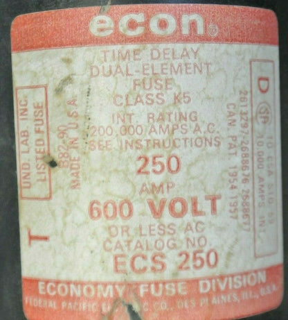 ECON / ECONOMY ECS250 CLASS K5 TIME-DELAY DUAL-ELEMENT FUSE / 250A / 600V