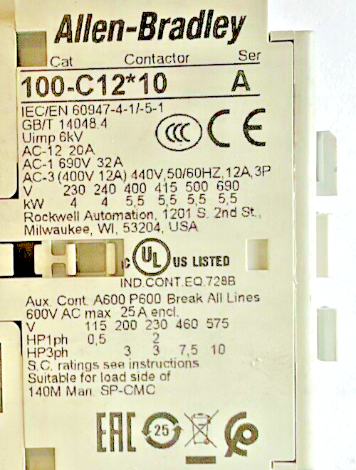 ALLEN-BRADLEY 100-C12*10 CONTACTOR SER.A W/100-S AUX CONTACT SER.B