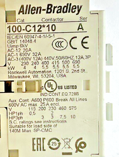 ALLEN-BRADLEY 100-C12*10 CONTACTOR SER.A W/100-S AUX CONTACT SER.B