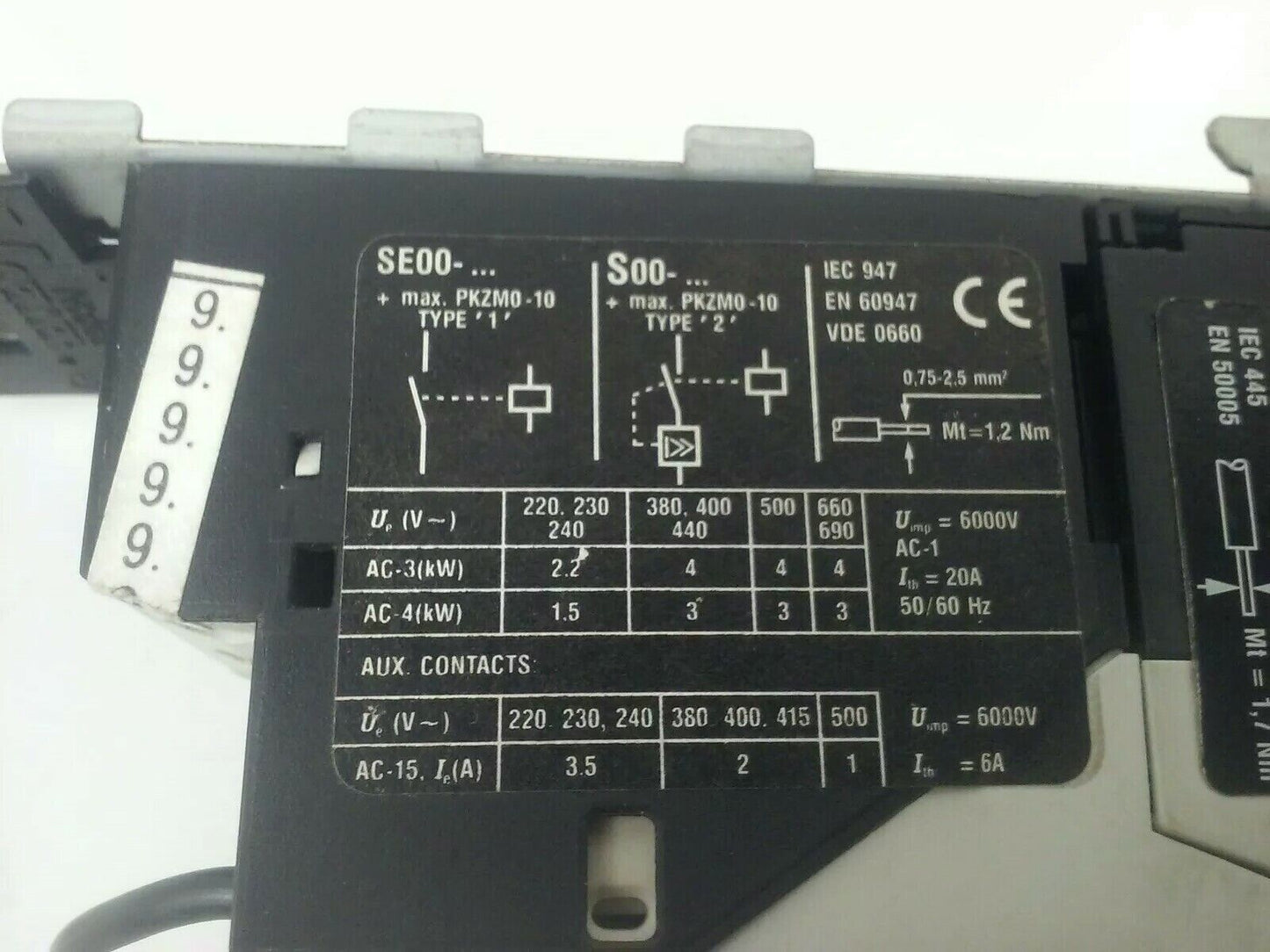 KLOCKNER MOELLER PKZM0-6,3 MOTOR STARTER W/ SE00-11-PKZ0, NHI11-PKZ0, 240V COIL