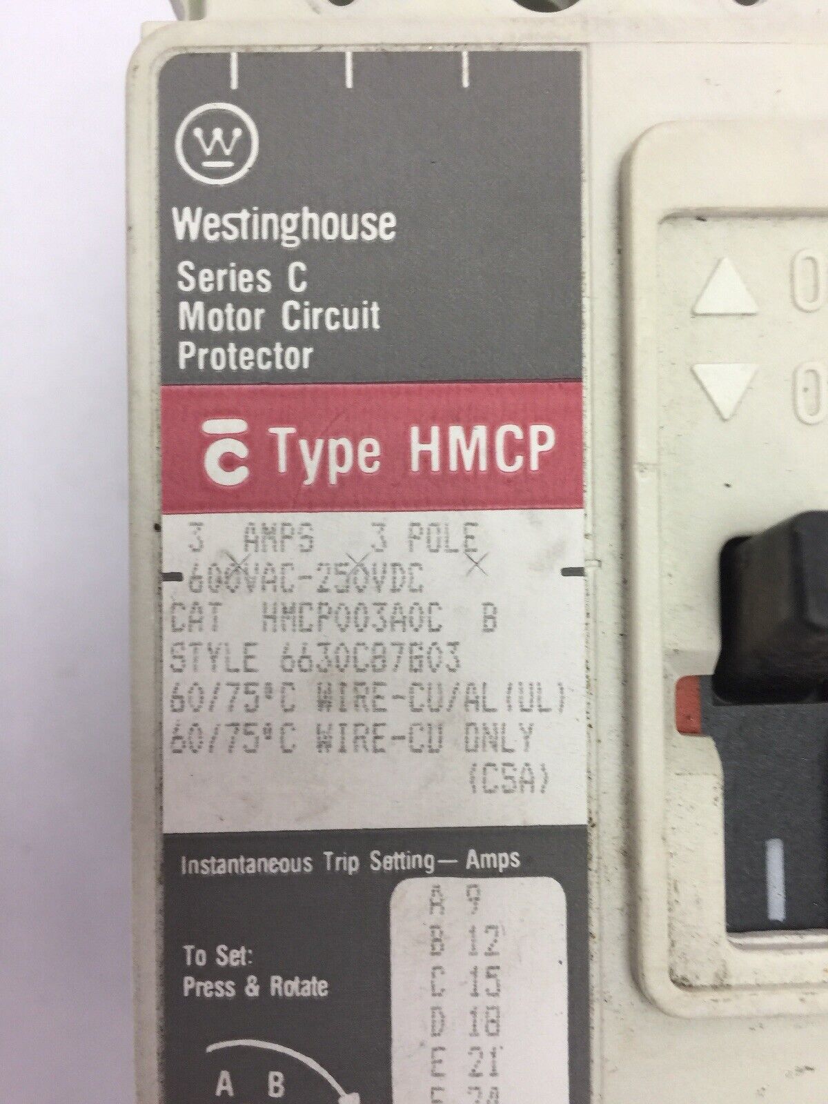 WESTINGHOUSE HMCP003A0C B 3AMP 600VAC 250VDC SERIES C 6630C87G03