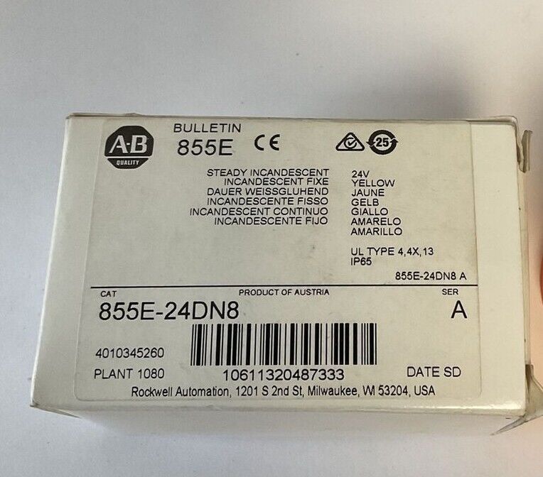 ALLEN BRADLEY 855E-24DN8 STEADY INCANDESCENT SER.A 24V YELLOW