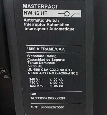 SQUARE D WL3EERSSX9SXXXXXXPF MASTERPACT CIRCUIT BREAKER 1600A NW 16 HF 600VAC