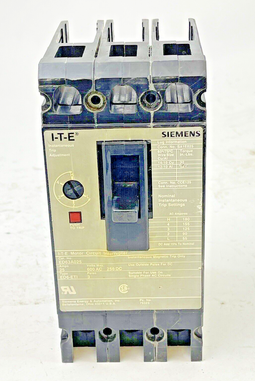 SIEMENS - ED63A025 - CIRCUIT INTERRUPTER - 25 A, 600 VAC, 3 POLE, TYPE ED6-ETI