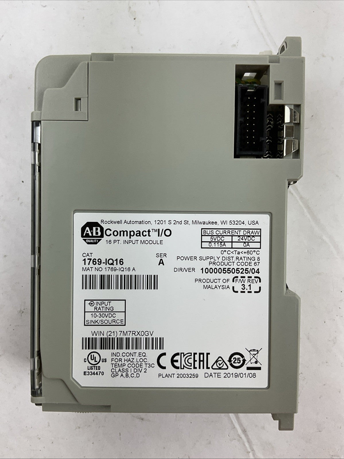 ALLEN BRADLEY 1769-IQ16 SER A F/W REV 3.1 DIR/VER 10000550525/04 16PT INPUT