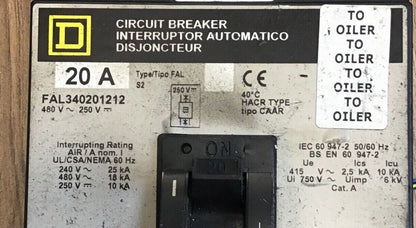 SQUARE D FAL340201212 CIRCUIT BREAKER 20A 480VAC 250VDC