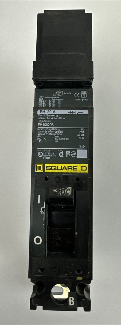 SQUARE D FH16020B CIRCUIT BREAKER 20AMP 277VAC 125VDC 1POLE