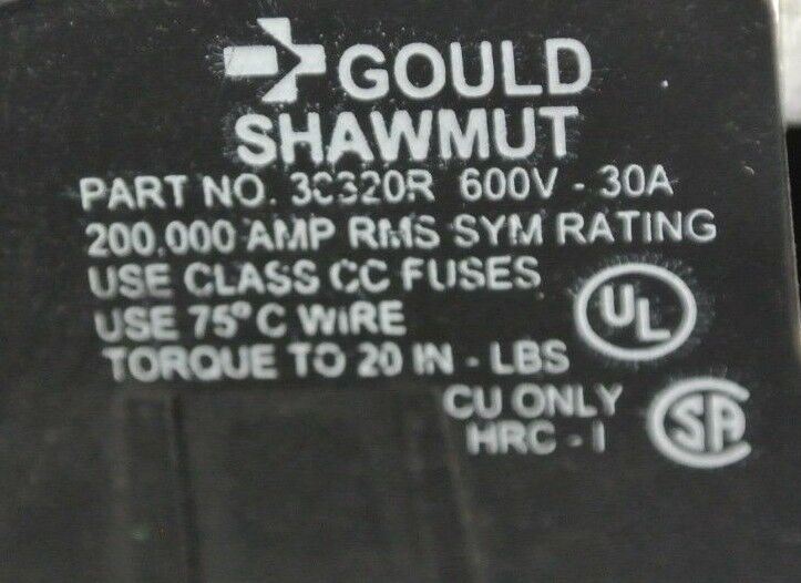 GOULD SHAWMUT 3C320R FUSE BLOCK - for CLASS CC FUSES - 600V, 30A