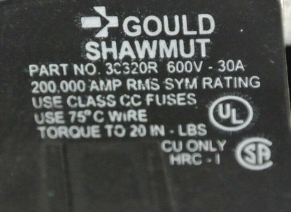 GOULD SHAWMUT 3C320R FUSE BLOCK - for CLASS CC FUSES - 600V, 30A