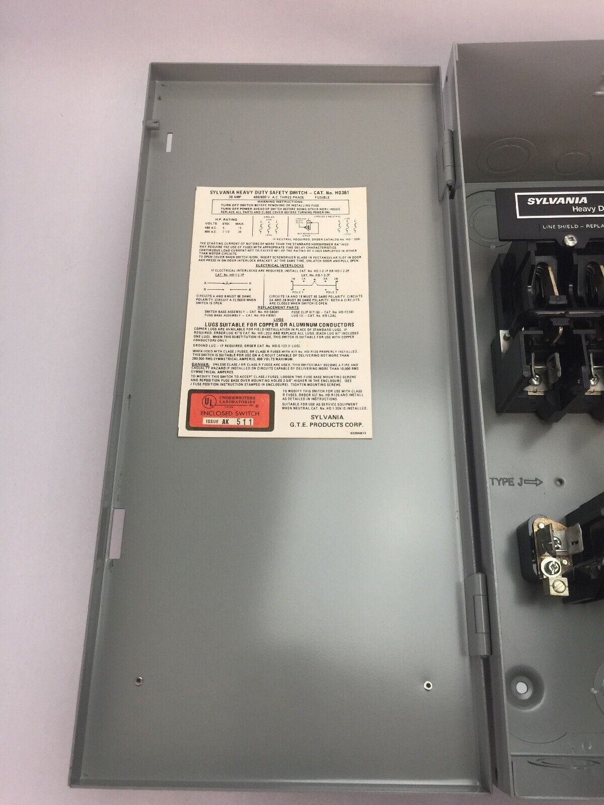 SYLVANIA HD361 FUSIBLE HEAVY DUTY SAFETY SWITCH 30AMP 480/600VAC 20HP 3 PHASE