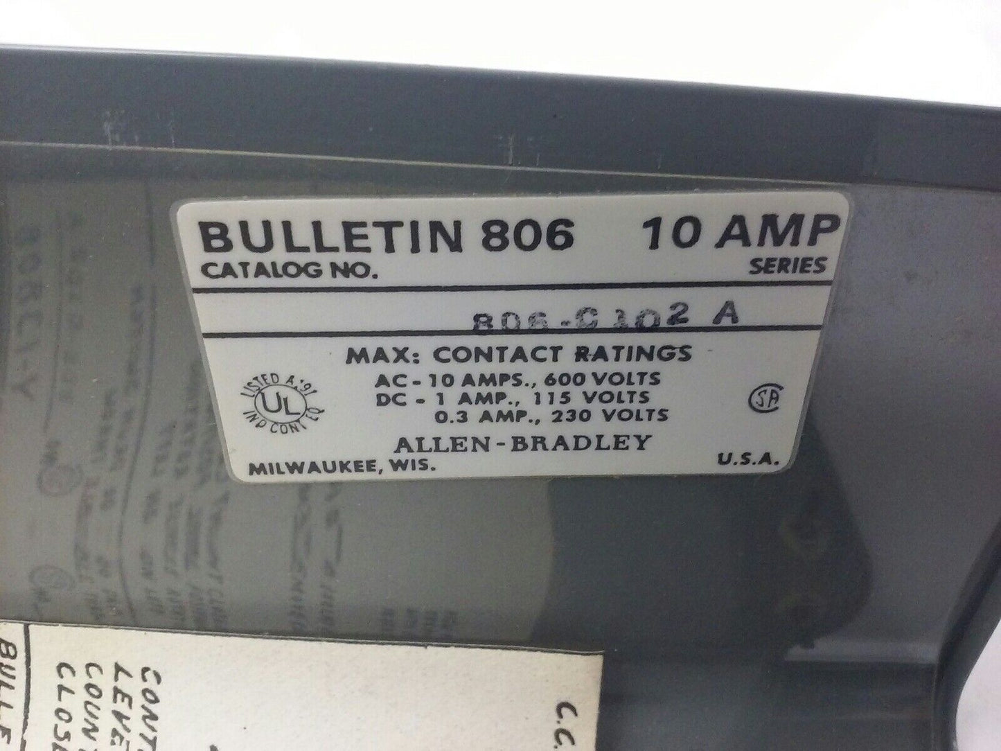 ALLEN BRADLEY 806-C102 SER. A, ROTARY PILOT SWITCH, 10A @ 600VAC,1A @ 115VDC,10P