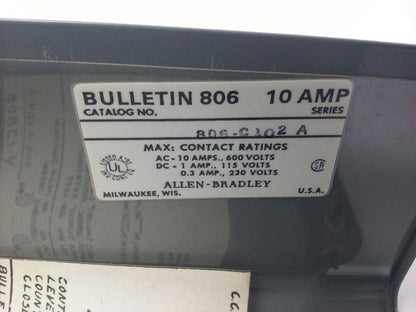 ALLEN BRADLEY 806-C102 SER. A, ROTARY PILOT SWITCH, 10A @ 600VAC,1A @ 115VDC,10P