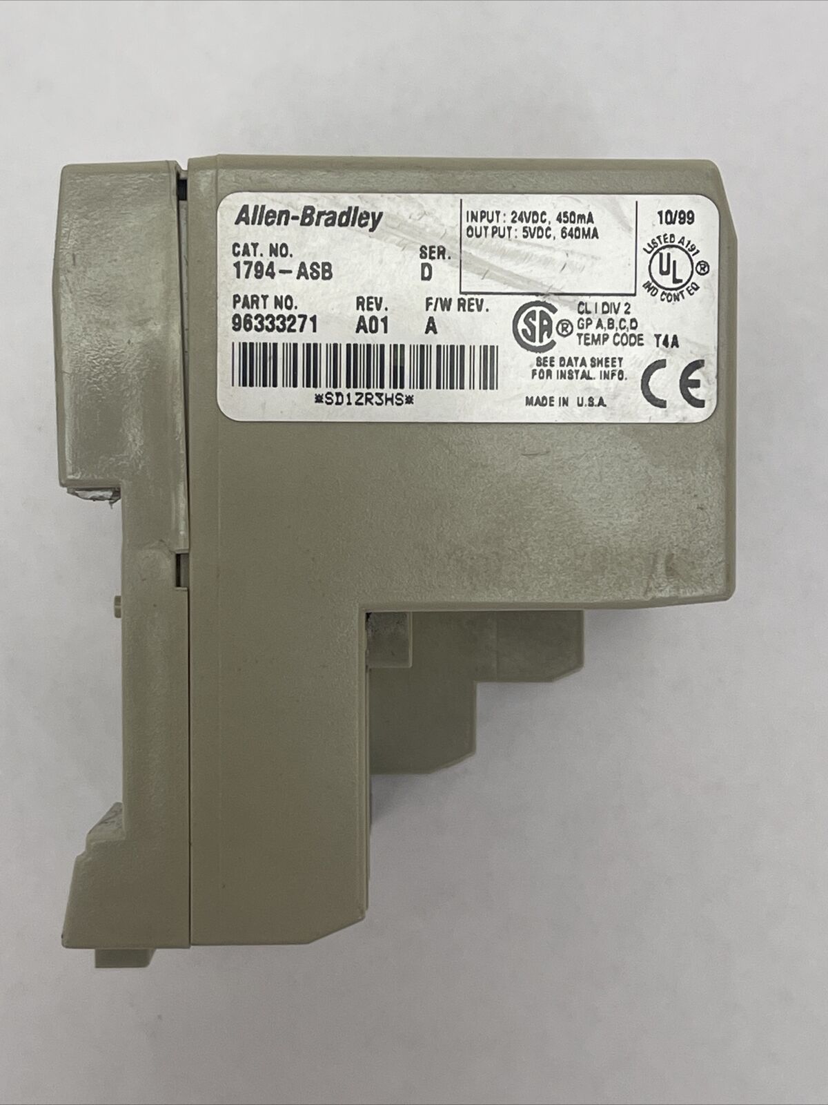 ALLEN BRADLEY 1794-ASB FLEX I/O 24VDC POWER SUPPLY SER D REV A01 F/W REV A