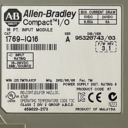ALLEN BRADLEY 1769-IQ16 16PT INPUT MODULE SER A F/W REV 3.1 DIR/VER 95320743/03