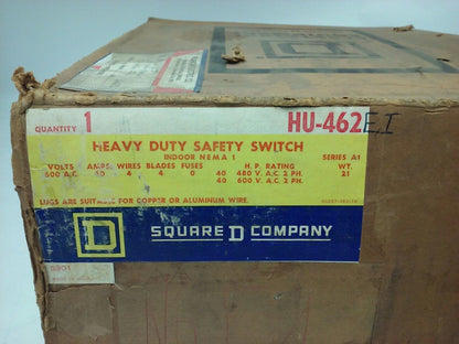 SQ. D HU462EI, SER. A1, H.D. SAFETY SWITCH, 60A, 240/480/600V, 2PH, NON FUSIBILE