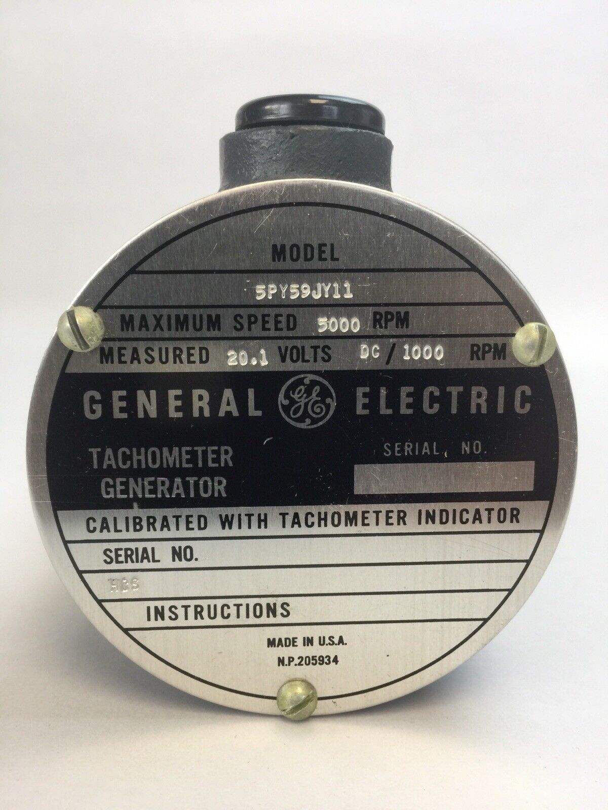 GE 5PY59JY11 TACHOMETR GENERATOR 20.1 VDC / 1000 RPM MAX SPEED 5000 RPM