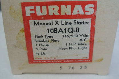 FURNAS 10BA1Q-B MANUAL X LINE STARTER 115/230V, w/ NEON PILOT LIGHT NEW SURPLUS