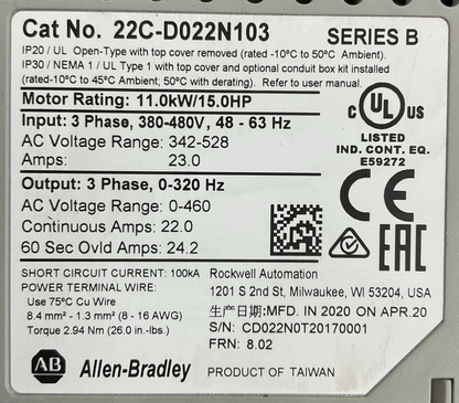 ALLEN BRADLEY 22C-D022N103 AC DRIVE SER B FRN 8.02 OUTPUT 0-460VAC