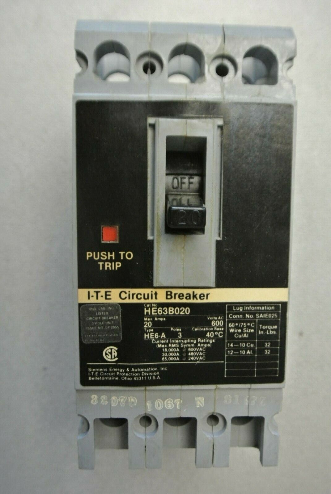 I-T-E / SIEMENS HE63B020 CIRCUIT BREAKER / 3-POLE / 20A / 600VAC / NEW SURPLUS