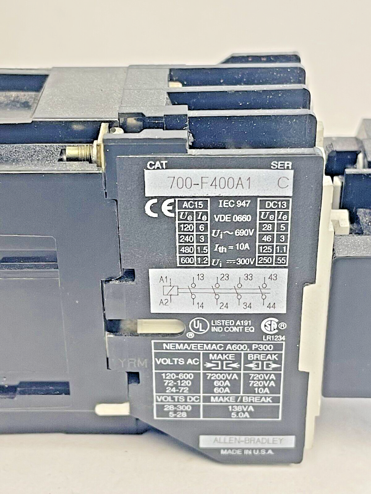 ALLEN-BRADLEY 700-F400A1 Ser. C 120V COIL RELAY & 195-FA40 Ser. A AUX. CONTACT