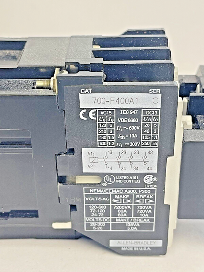 ALLEN-BRADLEY 700-F400A1 Ser. C 120V COIL RELAY & 195-FA40 Ser. A AUX. CONTACT