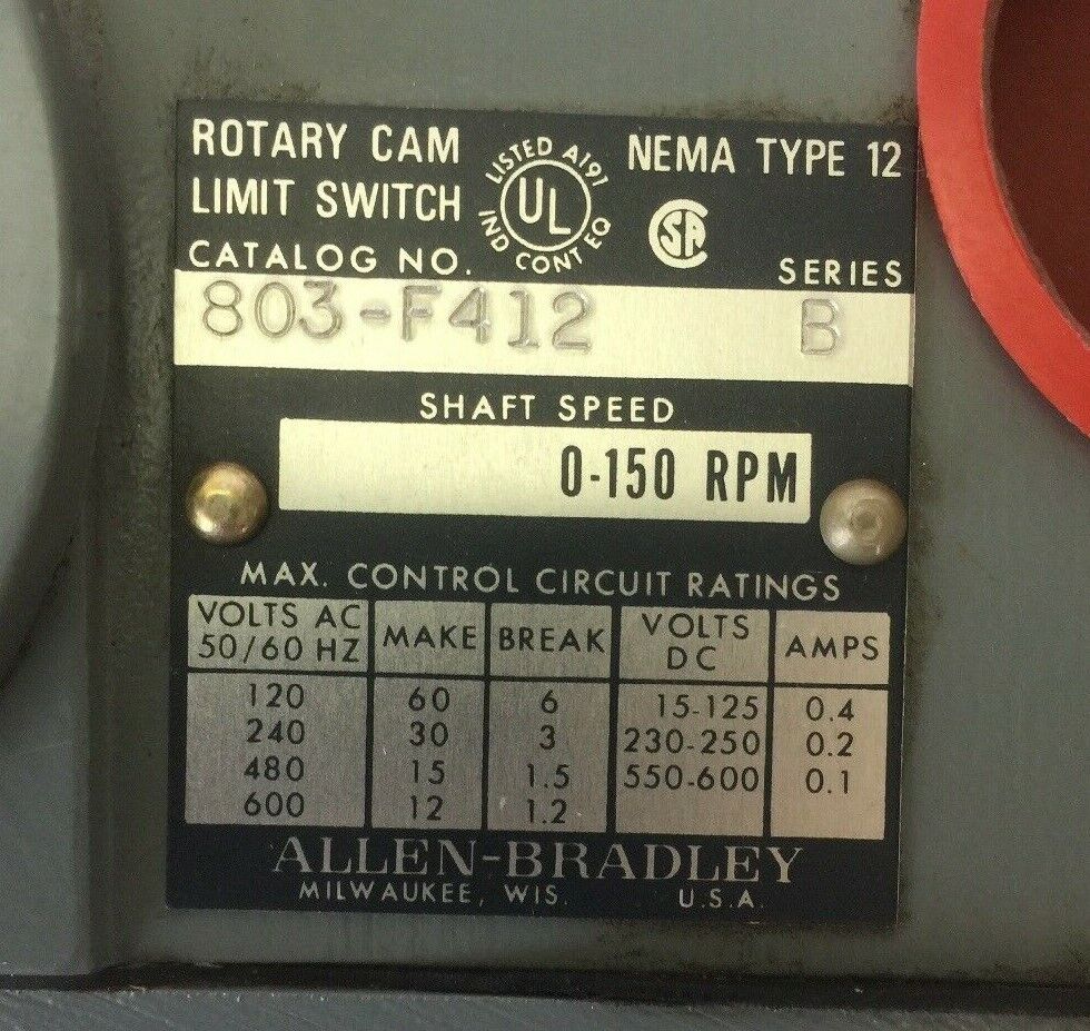 ALLEN BRADLEY 803-F412 ROTARY CAM LIMIT SWITCH 0-150RPM 600V NEMA TYPE 12