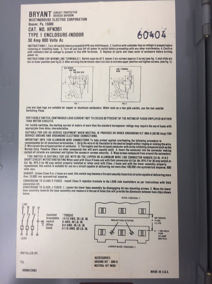 WESTINGHOUSE HFN361 HEAVY DUTY SAFETY SWITCH 600 VAC 30 AMP TYPE 1 ENCLOSURE