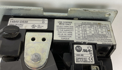 ALLEN BRADLEY 1494V-DS30 DISCONNECT SWITCH SER.D W/ 1495-N8 SER.A