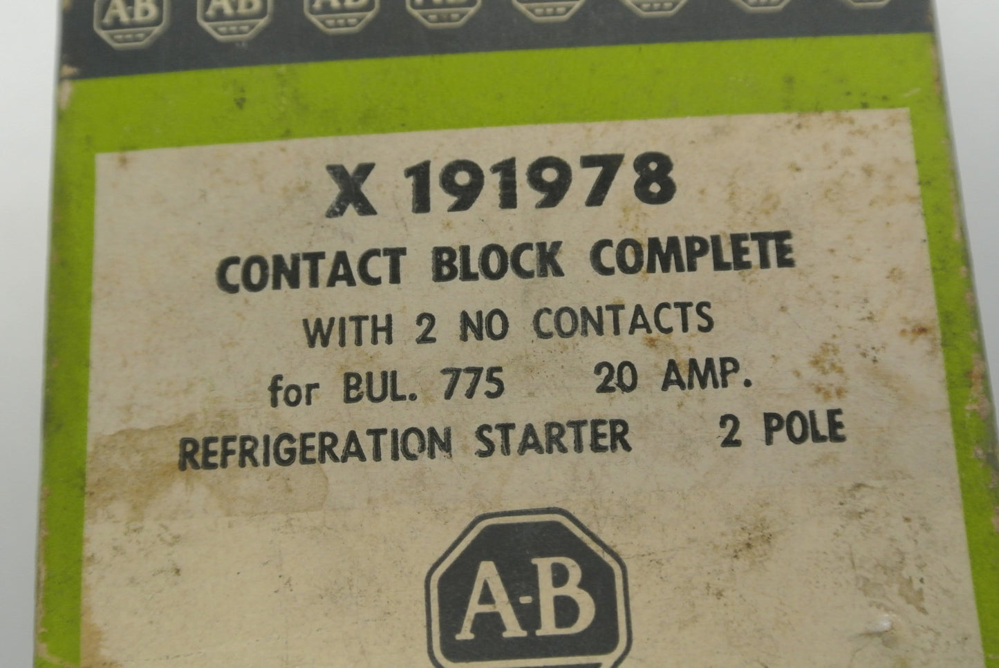 ALLEN-BRADLEY X 191978 CONTACT BLOCK / 2 NO / 20A / REFRIG. STARTER NEW SURPLUS