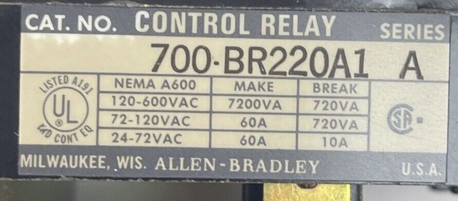 ALLEN BRADLEY 700-BR220A1 CONTROL RELAY SER A 120-600VAC 4POLE COIL 120V 60CY
