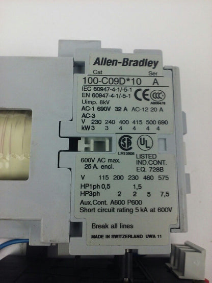 ALLEN BRADLEY 100-C09D*10 SER. A,CONTACTOR,3PH,600V,25A,24VDC COIL ,W/ 193-TAB24
