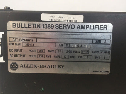 ALLEN BRADLEY 1389-AA17 SERVO AMPLIFIER SER A INPUT 310VDC 21A OUTPUT 210VAC 17A