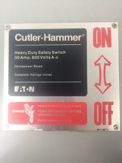 CUTLER HAMMER DH361UDK SER C SAFETY SWITCH 600VAC 250VDC 30A 3P 30HP TYPE 12(3R)