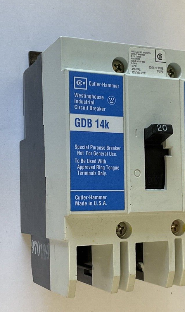 WESTINGHOUSE GDB 14K CIRCUIT BREAKER 20A 480VAC 3POLE 50/60HZ
