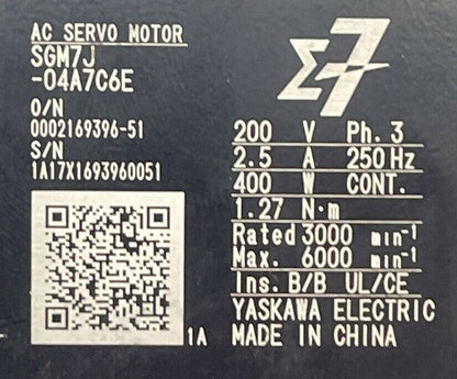 YASKAWA SGM7J-04A7C6E AC SERVO MOTOR 200VAC 2.5A 400W PF70L1-10-P2-S2-14-30-50-7