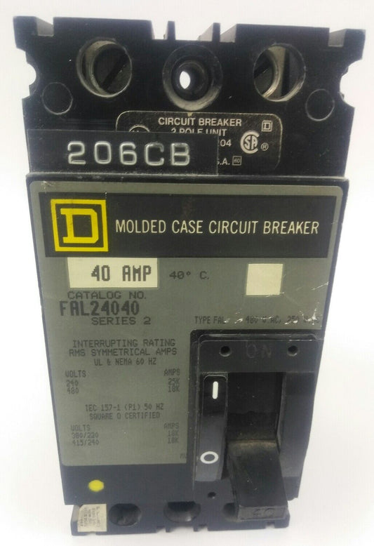 SQUARE D FAL24040 SERIES 2, 2 POLE, 40AMP, 480V CIRCUIT BREAKER, FAL-24040, USED