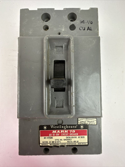 WESTINGHOUSE HF3020 20AMP 600VAC 3POLE MARK 75 AB DE-ION CIRCUIT BREAKER