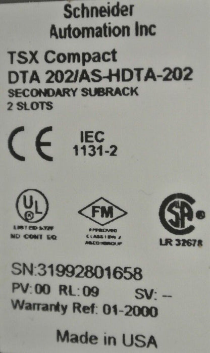 SCHNEIDER / MODICON TSX COMPACT DTA 202/AS-HDTA-202 SECONDARY SUBRACK / 2-SLOTS