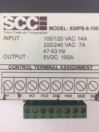 SCC 920PS-5-100 POWER SUPPLY 100/120VAC 14A 200/240VAC 7A 47-63HZ 5VDC 100A