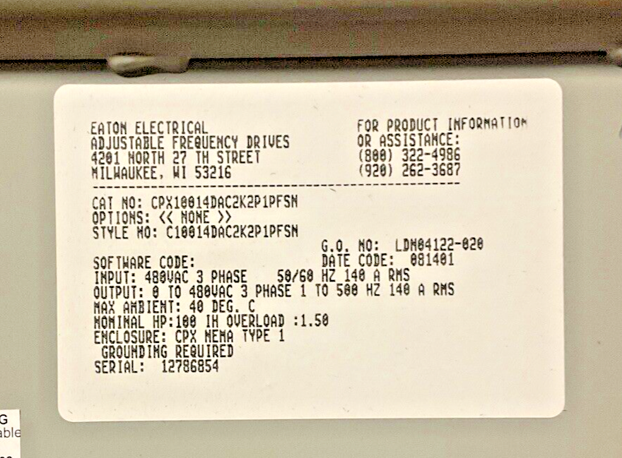 EATON CPX10014DAC2K2P1PFSN PULSE DRIVE 480VAC 3PH 50/60HZ W/ SVX100A1-4A1N1 VFD
